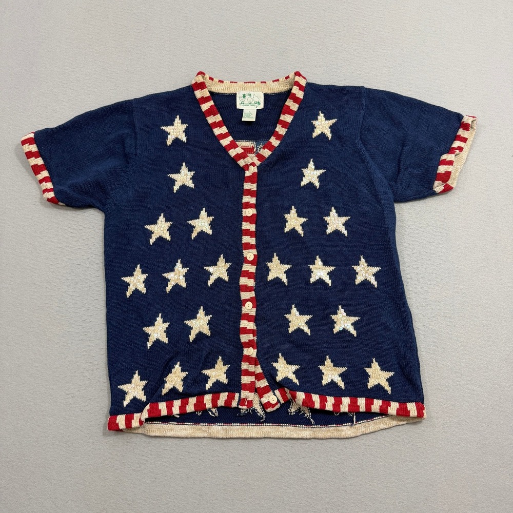 Quacker Factory Cardigan Women Large Blue Patriotic Stars Sequin Americana 90s